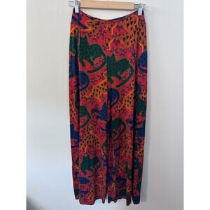 Farm Rio Anthropologie womens size XS wide leg cat printed pants green red